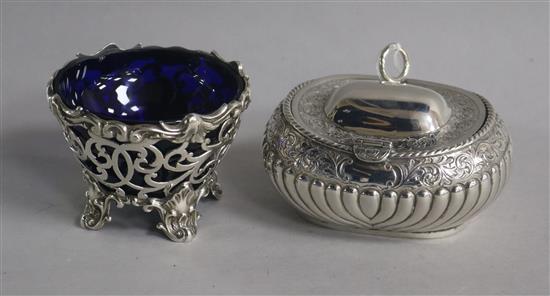 A Victorian pierced silver salt, James & Nathaniel Creswick, Sheffield, 1853, 62mm and a later silver tea caddy?, London, 1892.